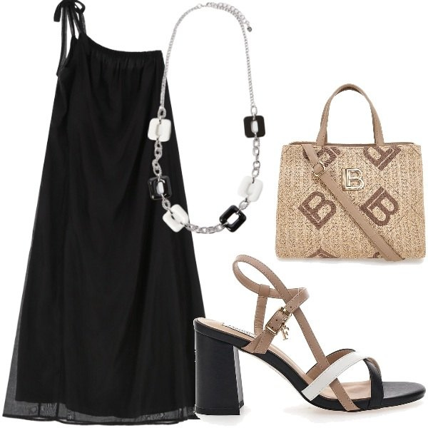 Outfit donna - A cena fuori. Stile Casual chic per Serata fuori. Abbinamento con vestiti lunghi, sandali col tacco, collane, borse a tracolla.