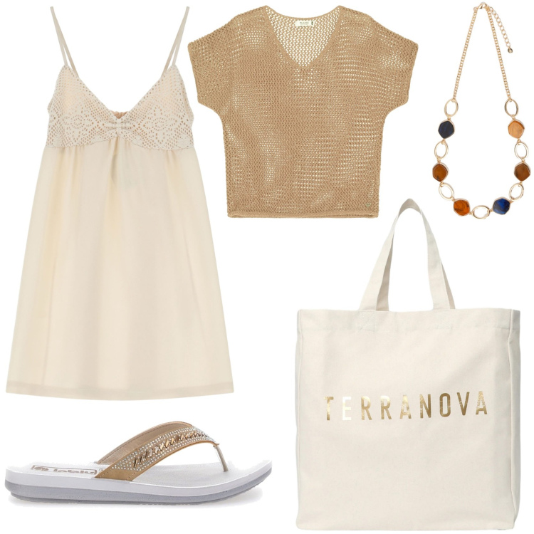 Outfit donna - Party beach. Stile Chic per Mare. Abbinamento con borse tote, maglieria, vestiti corti, collane, infradito.