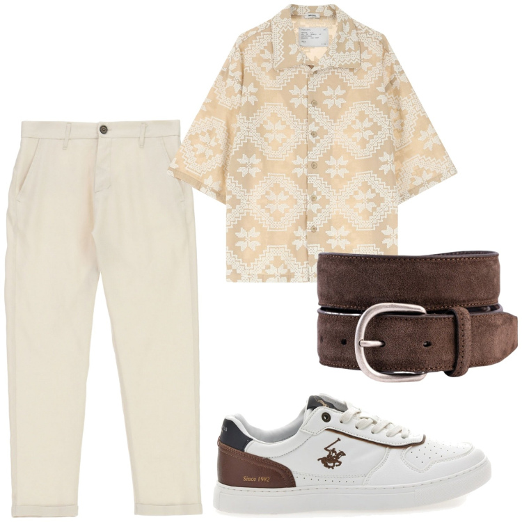 Outfit uomo - Serata rilassata. Stile Casual per Tutti i giorni. Abbinamento con camicie a manica corta, pantaloni, cinture, sneakers.