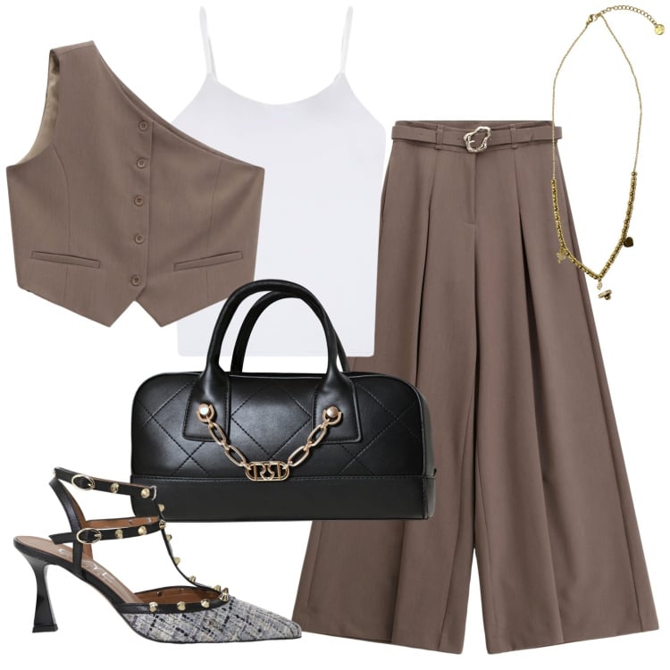 Outfit donna - Il gilet asimmetrico. Stile Trendy per Ufficio. Abbinamento con magliette intime, borse a mano, gilet, pantaloni, ciondoli, décolleté.