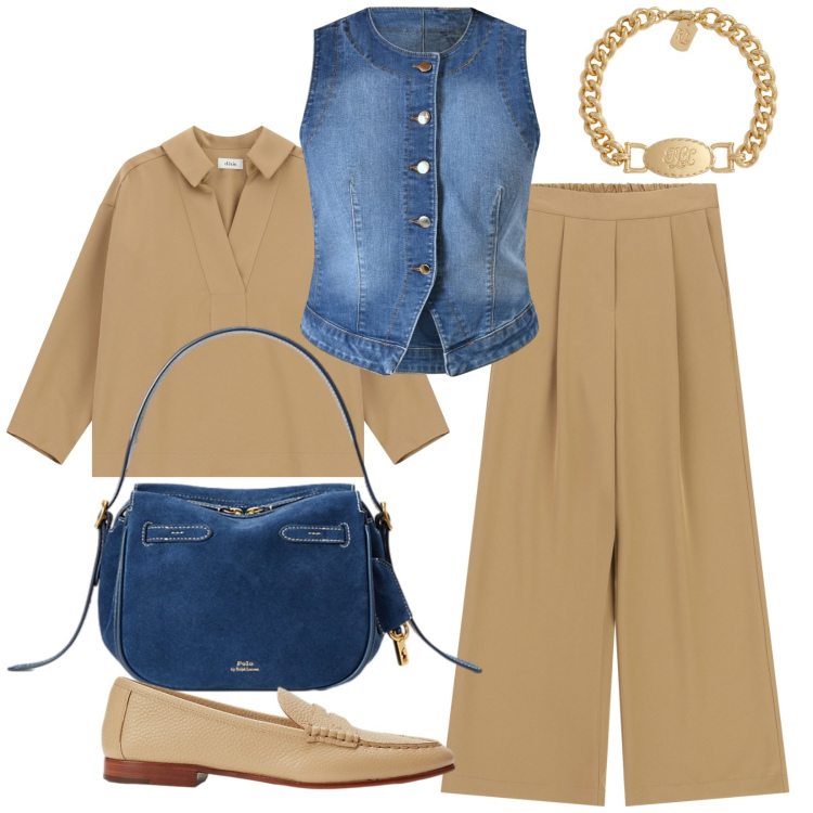 Outfit donna - Alternativa al tailleur. Stile Casual chic per Ufficio. Abbinamento con gilet, camicie, pantaloni a palazzo, braccialetti, mocassini, borse a mano.
