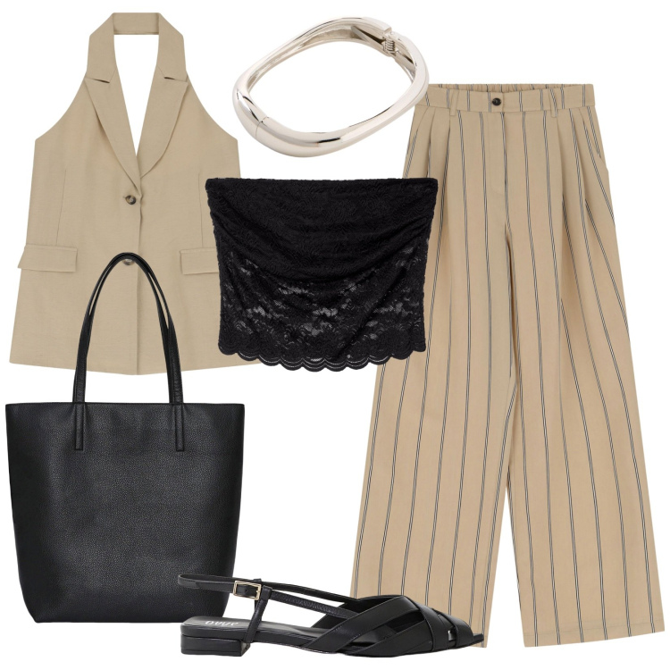 Outfit donna - Sexy nascosto. Stile Trendy per Tutti i giorni. Abbinamento con braccialetti, borse tote, top, gilet, sandali, pantaloni.
