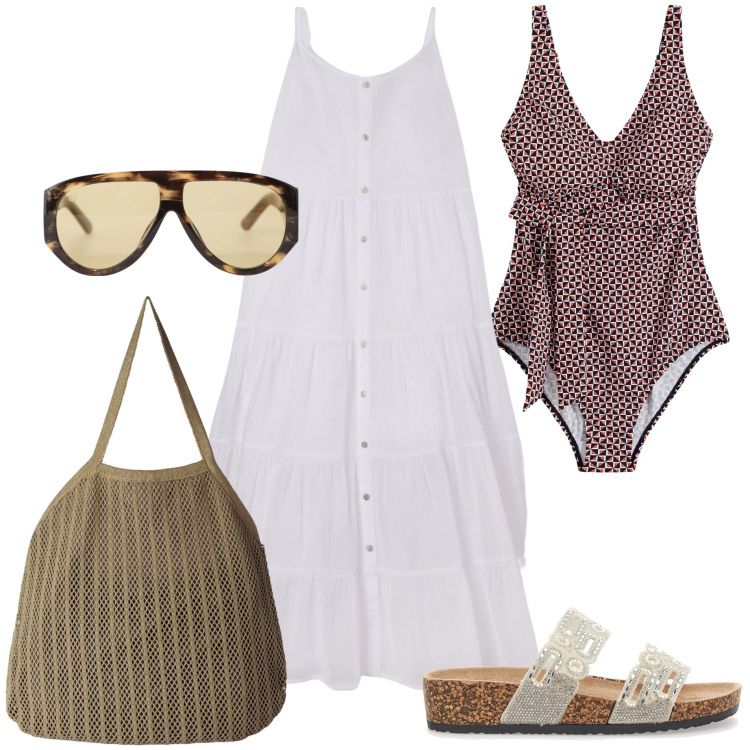 Outfit donna - La borsa per il mare. Stile Casual chic per Mare. Abbinamento con costumi interi, vestiti lunghi, borse tote, occhiali da sole, ciabatte.