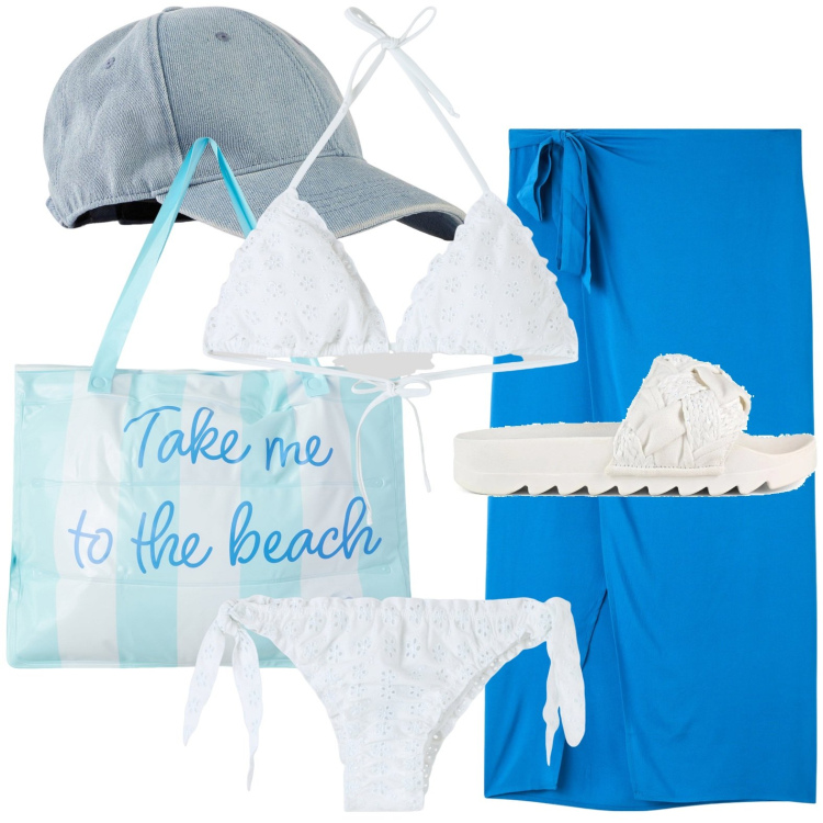 Outfit donna - La borsa per il mare. Stile Basic per Mare. Abbinamento con cappelli con visiera, vestiti da spiaggia, bikini, bikini, borse tote, ciabatte.