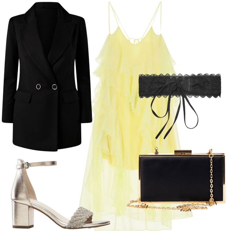 Outfit donna - Una festa in spiaggia. Stile Chic per Serata fuori. Abbinamento con sandali col tacco, cinture, pochette, blazer, vestiti lunghi.