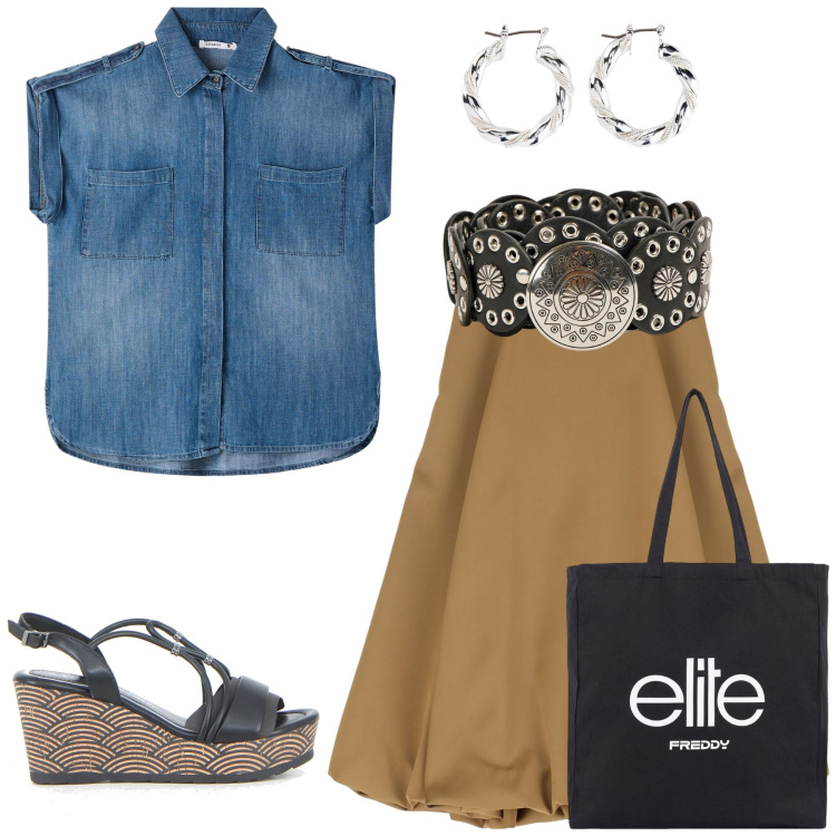 Outfit donna - gonna camicia. Stile Casual per Tutti i giorni. Abbinamento con orecchini, camicie a manica corta, cinture, gonne longuette, shopping bag, sandali in pelle.