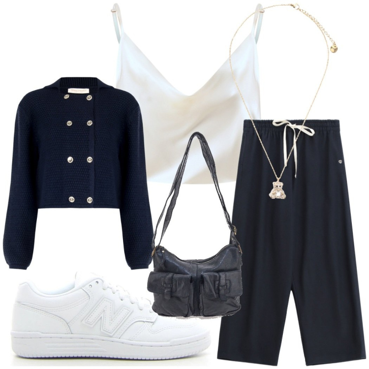 Outfit donna - Basic. Stile Basic per Tutti i giorni. Abbinamento con blazer, canottiere, pantaloni sportivi, ciondoli, sneakers, borse a tracolla.