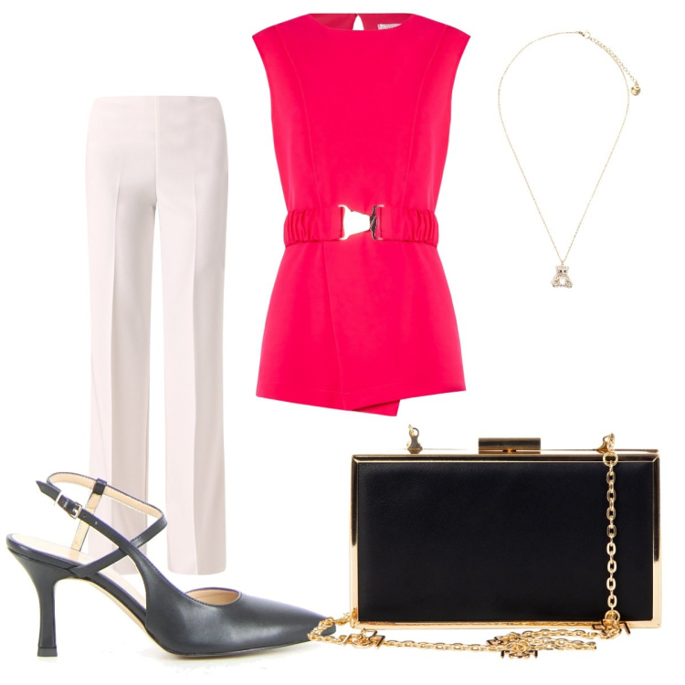 Outfit donna - Set due pezzi in coordinato(Curvy). Stile Bon Ton per Serata fuori. Abbinamento con pochette, pantaloni a palazzo, top, ciondoli, sandali col tacco.