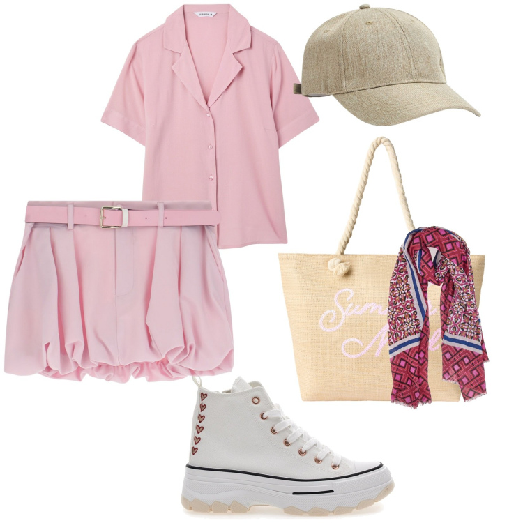 Outfit donna - La borsa di paglia al tramonto. per Mare. Abbinamento con camicie a manica corta, borse tote, cappelli, minigonne, sneakers, foulard.
