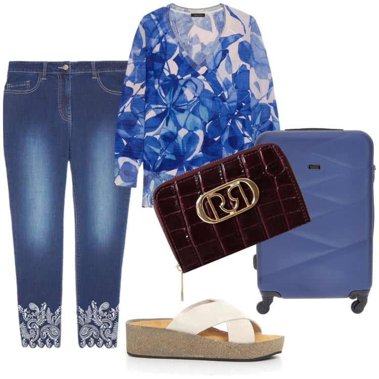 Outfit donna - Si parte. per Tutti i giorni. Abbinamento con portafogli, jeans skinny, maglieria, valigie, ciabatte.