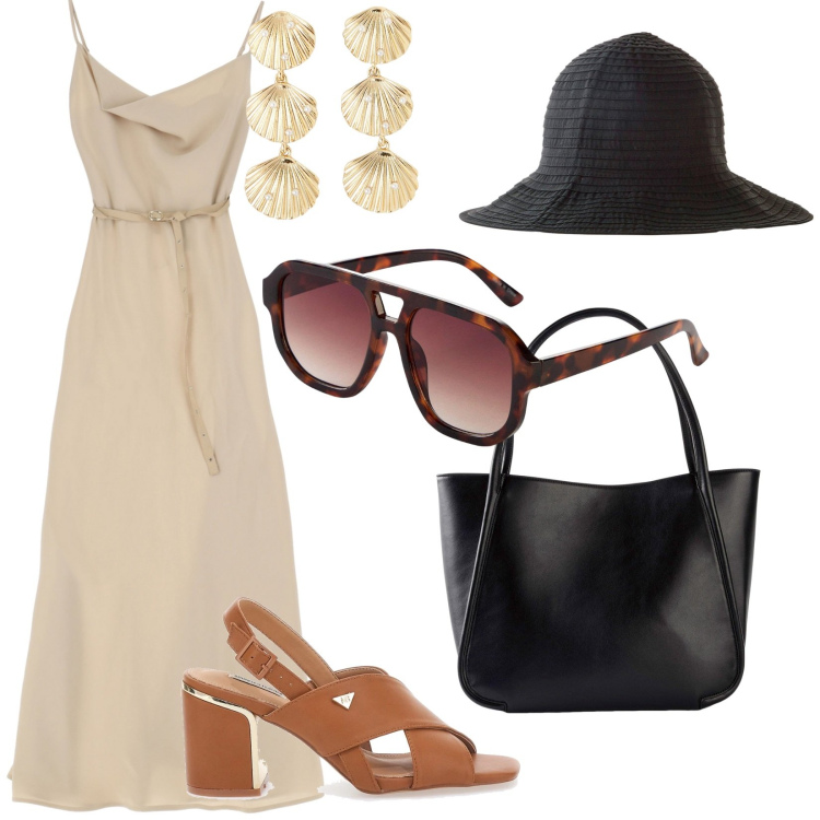 Outfit donna - Ferragosto in compagnia. per Mare. Abbinamento con shopping bag, cappelli, occhiali da sole, orecchini, vestiti lunghi, sandali col tacco.