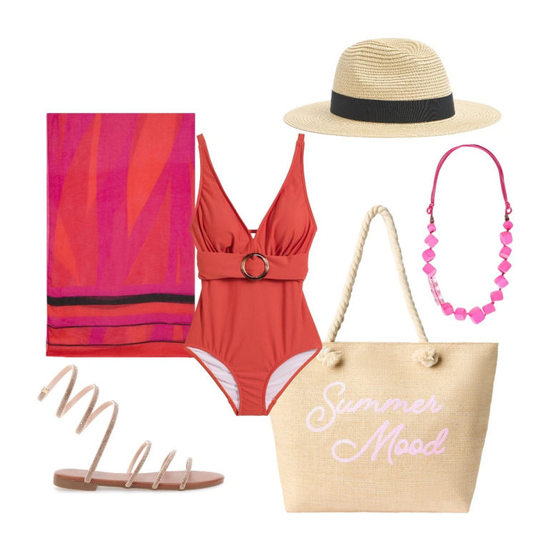 Outfit donna - Il pareo fuxia è rosso. Stile Glamour per Mare. Abbinamento con costumi interi, cappelli, borse tote, collane, vestiti da spiaggia, sandali alla schiava.
