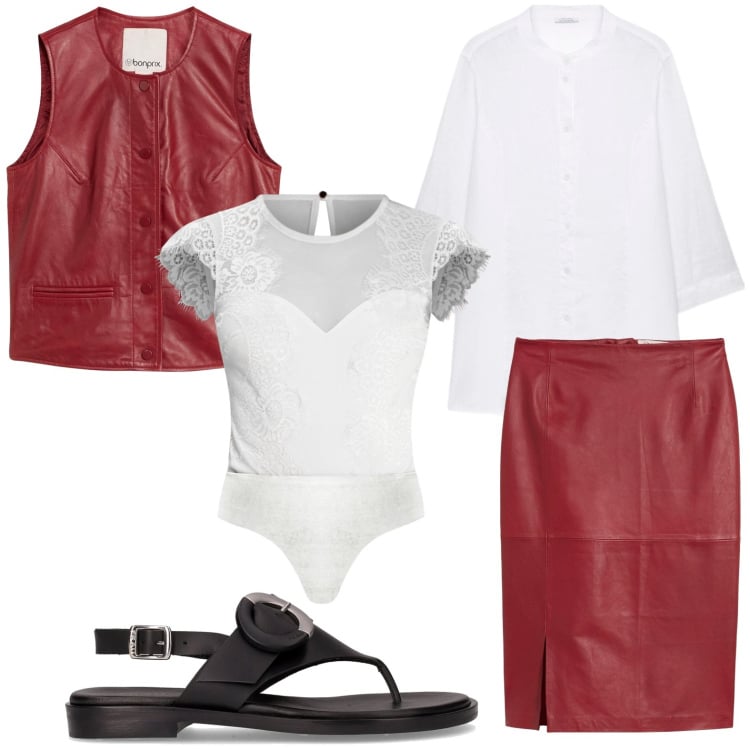 Outfit donna - Il gilet bordeaux. Stile Minimal per Tutti i giorni. Abbinamento con gonne, gilet, body, camicie, ciabatte.