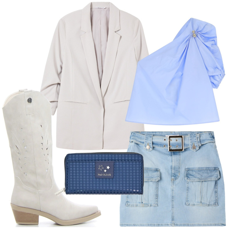 Outfit donna - Il top originale. Stile Minimal per Serata fuori. Abbinamento con blazer, minigonne, top, portafogli, stivali.
