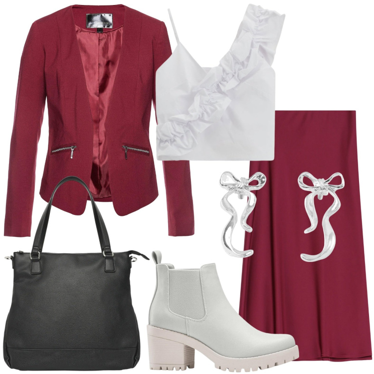 Outfit donna - Riflessi bordeaux. Stile Minimal per Serata fuori. Abbinamento con blazer, stivaletti chelsea, orecchini, shopping bag, gonne longuette, top.