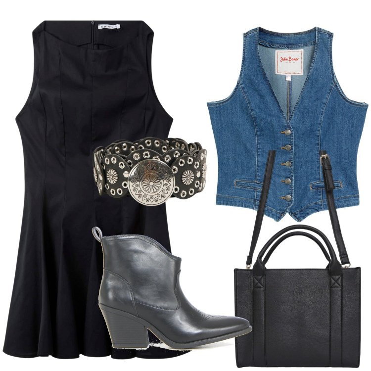 Outfit donna - Stile rodeo. Stile Etnico per Serata fuori. Abbinamento con gilet, vestiti corti, cinture, borse tote, stivaletti.
