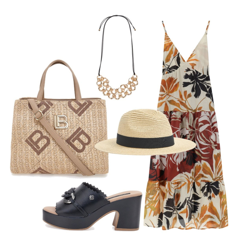 Outfit donna - In città. Stile Boho per Tutti i giorni. Abbinamento con cappelli, vestiti lunghi, sabot, collane, borse a tracolla.