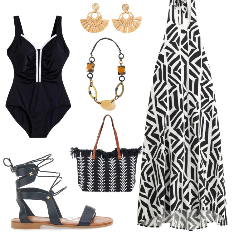 Outfit donna - Total look #2228347. Stile Etnico per Tutti i giorni. Abbinamento con costumi interi, orecchini, vestiti lunghi, borse a spalla, collane, sandali.