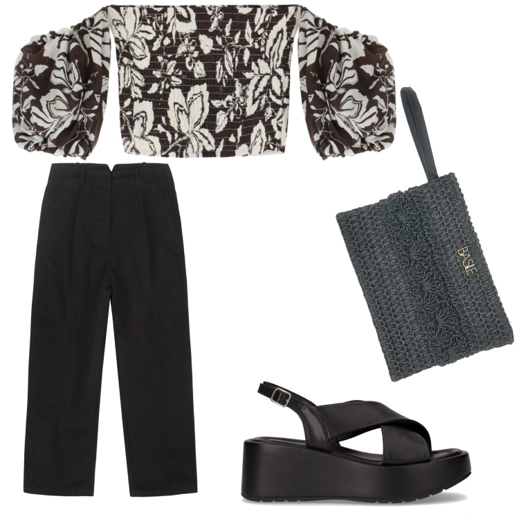 Outfit donna - Easy chic. Stile Chic per Serata fuori. Abbinamento con bluse, pantaloni, sandali, pochette.