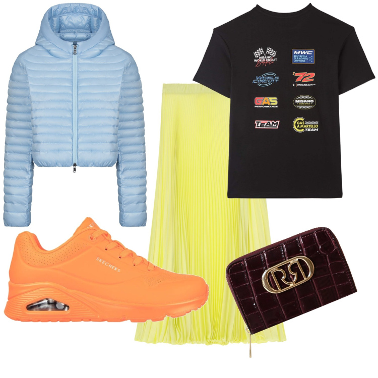 Outfit donna - Spremute al bar di montagna. Stile Casual chic per Tutti i giorni. Abbinamento con t-shirt, portafogli, gonne lunghe, piumini, sneakers.