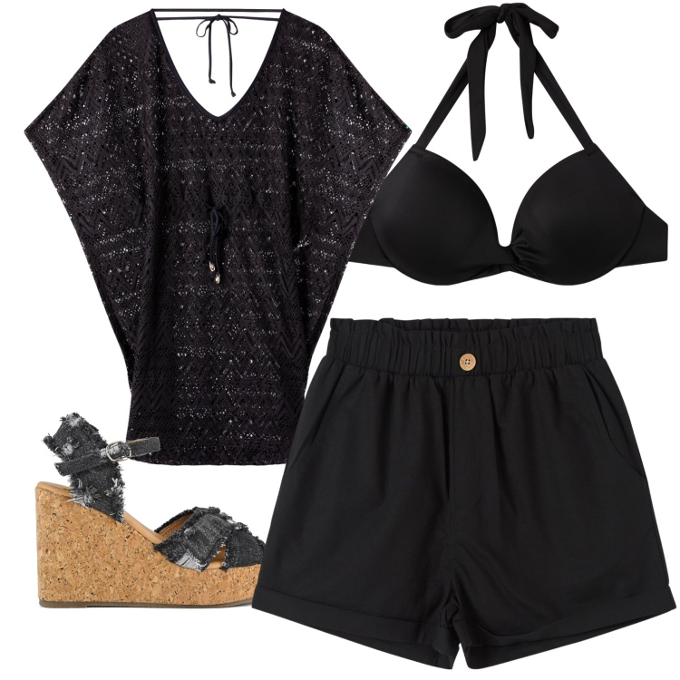Outfit donna - Chiringuito. Stile Basic per Mare. Abbinamento con vestiti da spiaggia, pantaloni corti, bikini, zeppe.