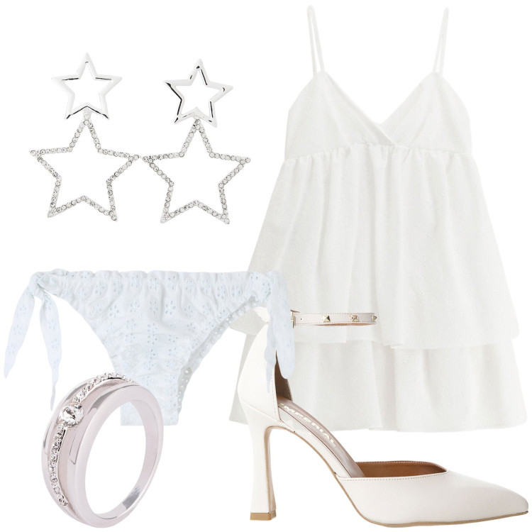 Outfit donna - Sposami sulla spiaggia a ferragosto. Stile Glamour per Cerimonia. Abbinamento con anelli, bikini, orecchini, vestiti corti, décolleté.
