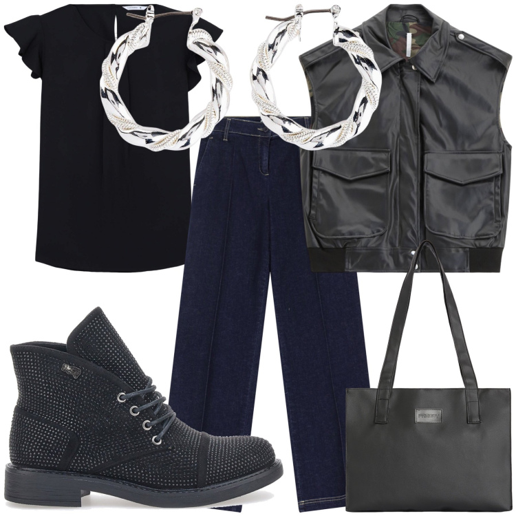 Outfit donna - A pranzo sui monti a ferragosto. Stile Basic per Tutti i giorni. Abbinamento con orecchini, bluse, jeans dritti, gilet, shopping bag, stivaletti.