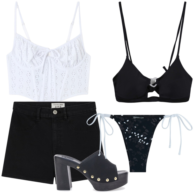 Outfit donna - Bagno di mezzanotte. Stile Basic per Mare. Abbinamento con top, shorts, bikini, bikini, zoccoli.