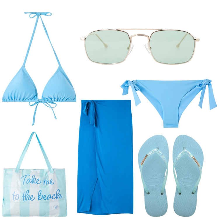 Outfit donna - Portami al mare. Stile Casual per Mare. Abbinamento con vestiti da spiaggia, borse tote, bikini, bikini, occhiali da sole, infradito.