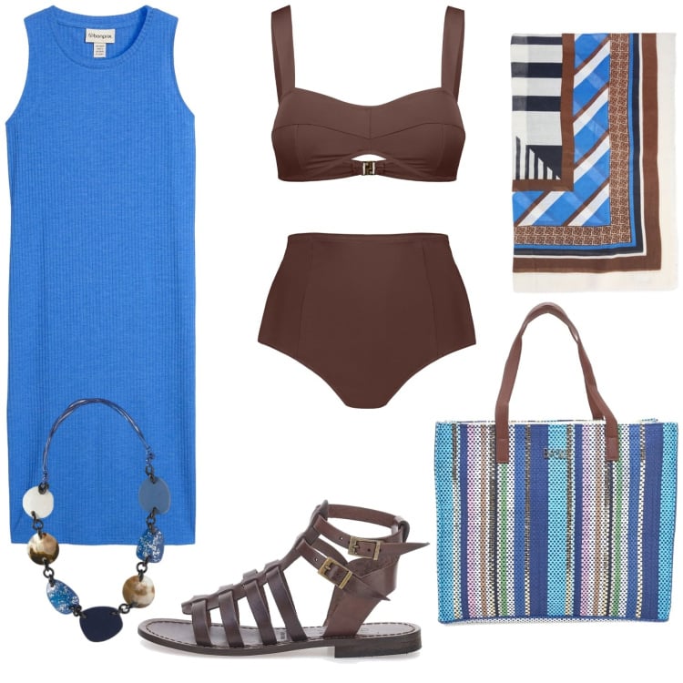Outfit donna - La borsa a righe. Stile Casual chic per Mare. Abbinamento con vestiti, bikini, foulard, sandali alla schiava, shopping bag, collane.