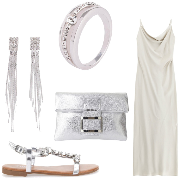 Outfit donna - Dea d\'argento. Stile Chic per Serata fuori. Abbinamento con orecchini, anelli, vestiti lunghi, pochette, sandali gioiello.