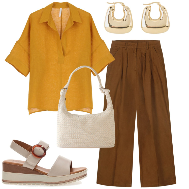 Outfit donna - Total look #2228388. Stile Etnico per Tutti i giorni. Abbinamento con orecchini, shopping bag, camicie a manica corta, sandali, pantaloni.