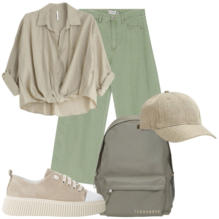 Outfit donna - Verso i monti. Stile Basic per Tutti i giorni. Abbinamento con zaini, cappelli, pantaloni a palazzo, sneakers, camicie.