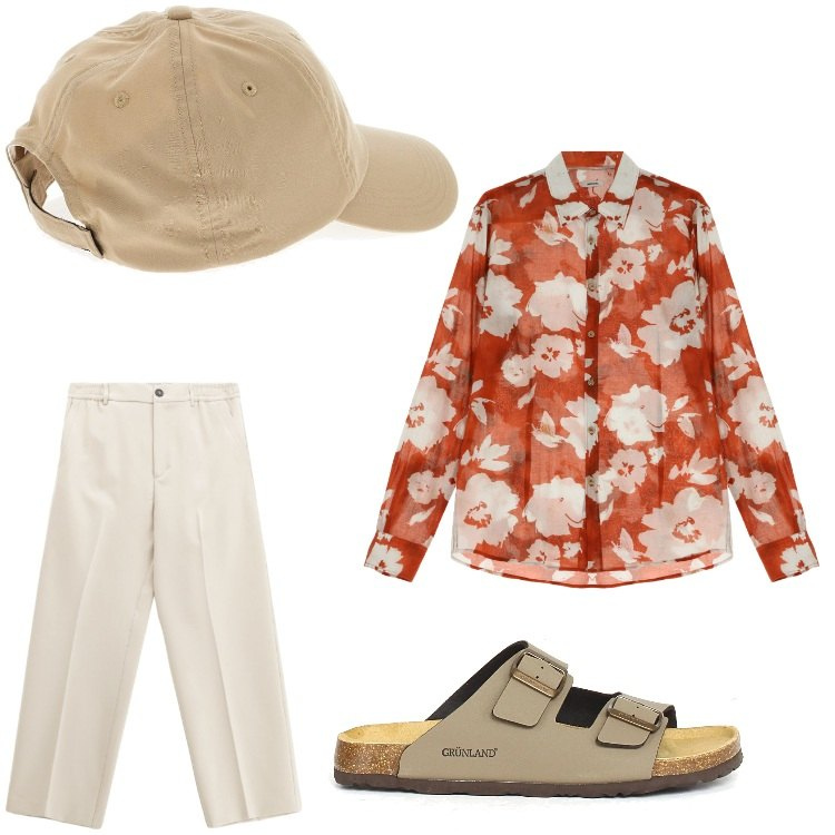 Outfit uomo - Fiori relax. Stile Casual per Serata speciale. Abbinamento con camicie, pantaloni, cappelli, sandali.