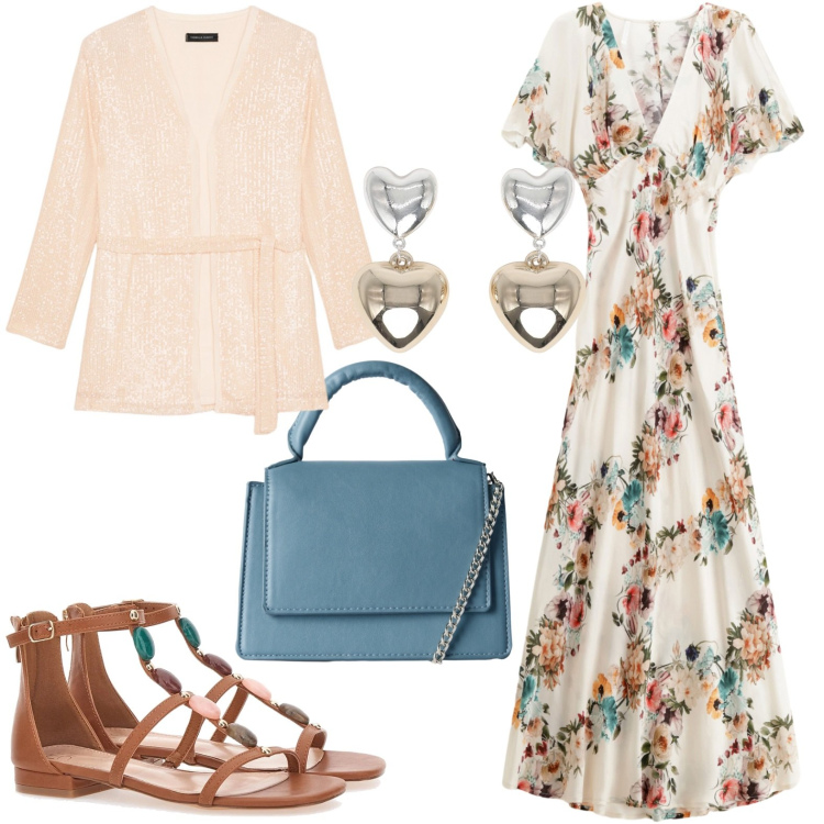 Outfit donna - Total look #2228419. Stile Casual chic per Serata fuori. Abbinamento con orecchini, borse a tracolla, vestiti lunghi, blazer, sandali gioiello.
