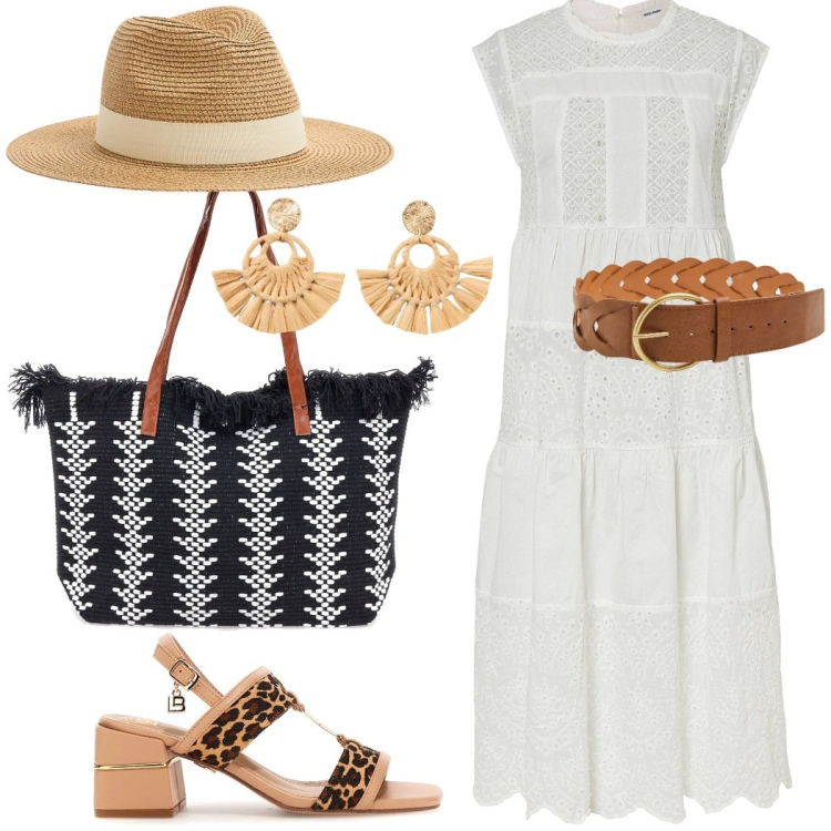 Outfit donna - La borsa iconica. Stile Casual chic per Tutti i giorni. Abbinamento con vestiti midi/longuette, orecchini, cappelli, cinture, borse a spalla, sandali col tacco.