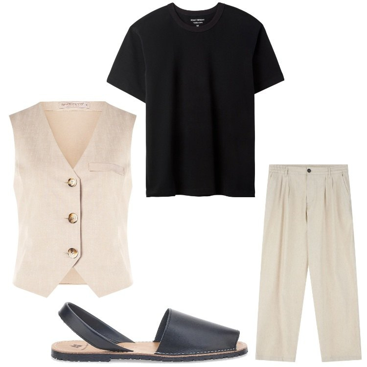 Outfit uomo - Serate estive. Stile Casual per Serata speciale. Abbinamento con t-shirt, gilet, pantaloni, sandali.