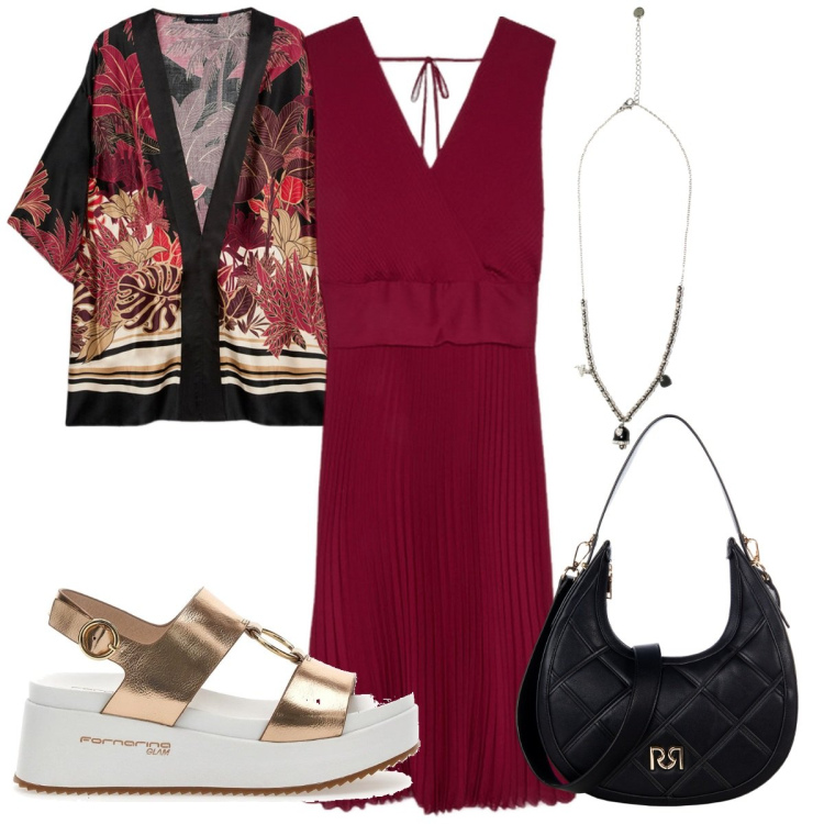 Outfit donna - Una festa in spiaggia: con il kimono!. Stile Trendy per Serata fuori. Abbinamento con borse a tracolla, ciondoli, vestiti lunghi, sandali, kimono.
