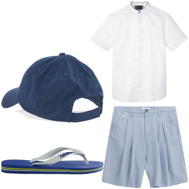 Outfit uomo - Ferragosto. Stile Casual per Tutti i giorni. Abbinamento con camicie a manica corta, bermuda, cappelli, sandali.