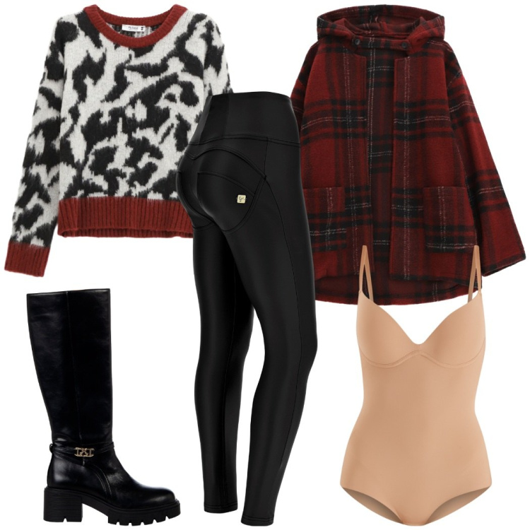 Outfit donna - Urban style. Stile Casual chic per Scuola/Università. Abbinamento con stivali sopra il ginocchio, body, pullovers, caban, pantaloni skinny.