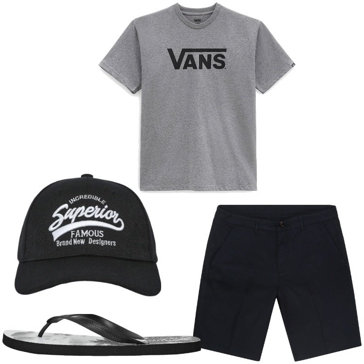 Outfit uomo - A Ferragosto in giardino da me. Stile Casual per Tutti i giorni. Abbinamento con cappelli con visiera, sandali, t-shirt, bermuda.