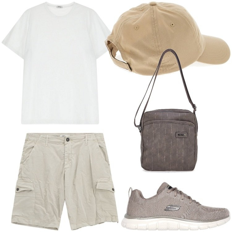 Outfit uomo - Pronti, partenza , via. Stile Casual per Tutti i giorni. Abbinamento con t-shirt, bermuda, portafogli, cappelli, sneakers.