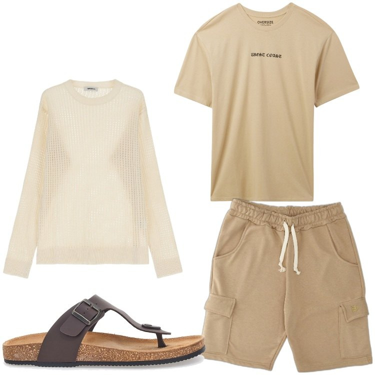 Outfit uomo - ASpettare l´alba in spiaggia. Stile Casual per Tutti i giorni. Abbinamento con t-shirt, pullovers, pantaloni corti, sandali.