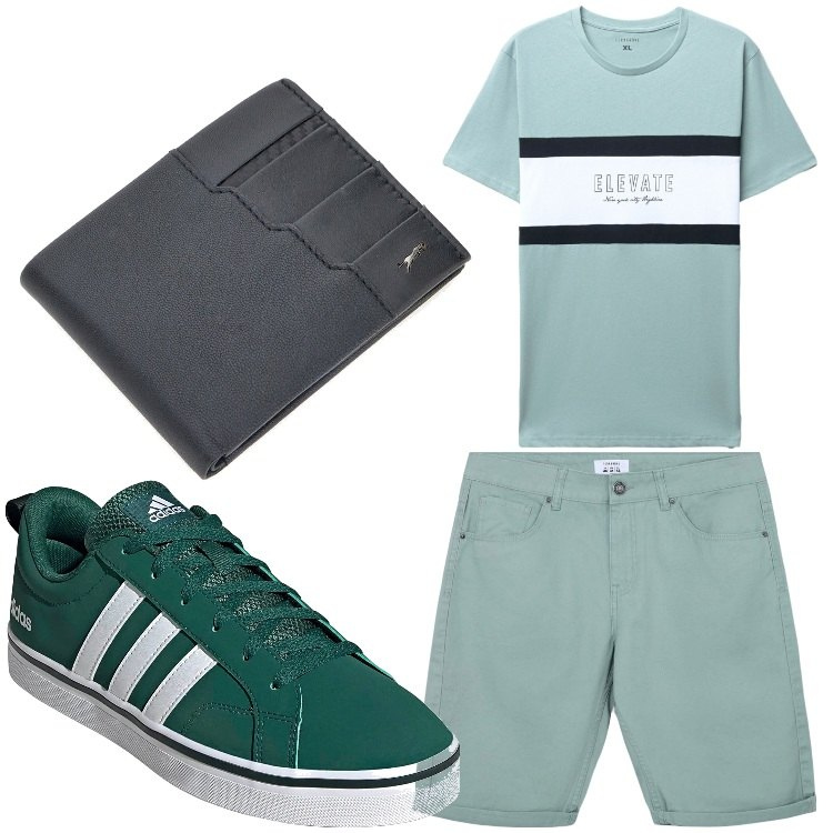 Outfit uomo - Amo il verde. Stile Casual per Tutti i giorni. Abbinamento con t-shirt, bermuda, portafogli, sneakers.