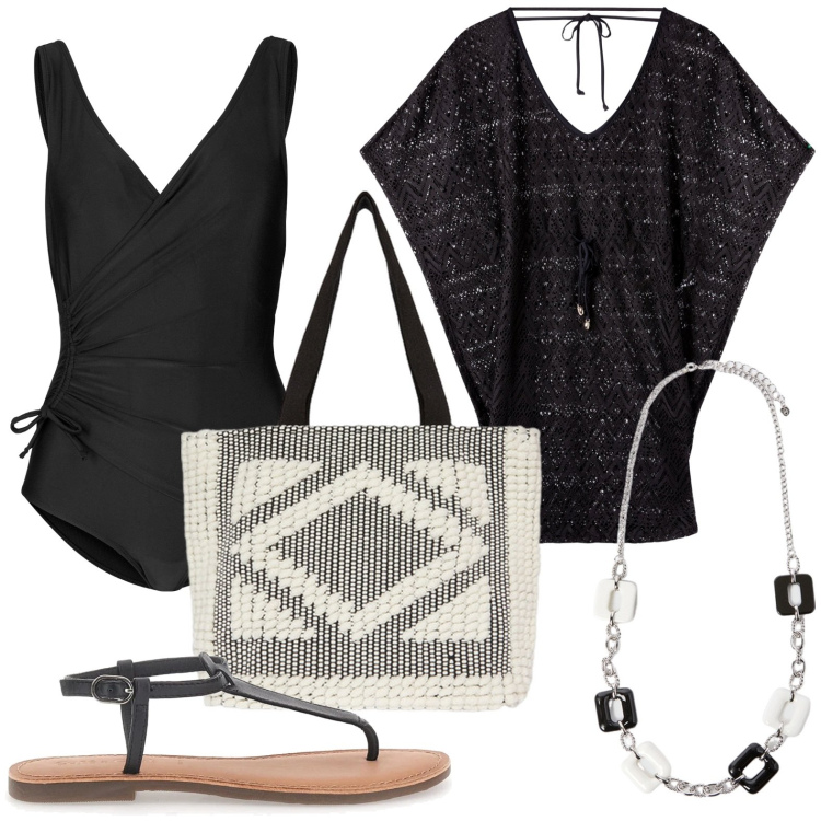 Outfit donna - Total look #2228441. Stile Glamour per Mare. Abbinamento con costumi interi, vestiti da spiaggia, shopping bag, infradito, collane.