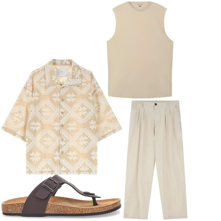 Outfit uomo - Notte in agosto. Stile Casual per Serata speciale. Abbinamento con canottiere, pantaloni, camicie a manica corta, sandali.
