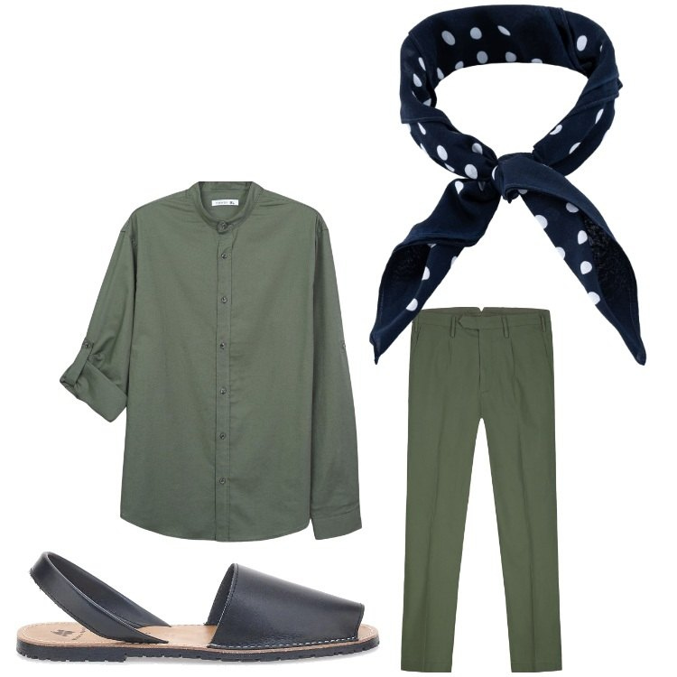 Outfit uomo - Sofisticato. Stile Casual per Serata speciale. Abbinamento con camicie, sciarpe e foulard, pantaloni, sandali.