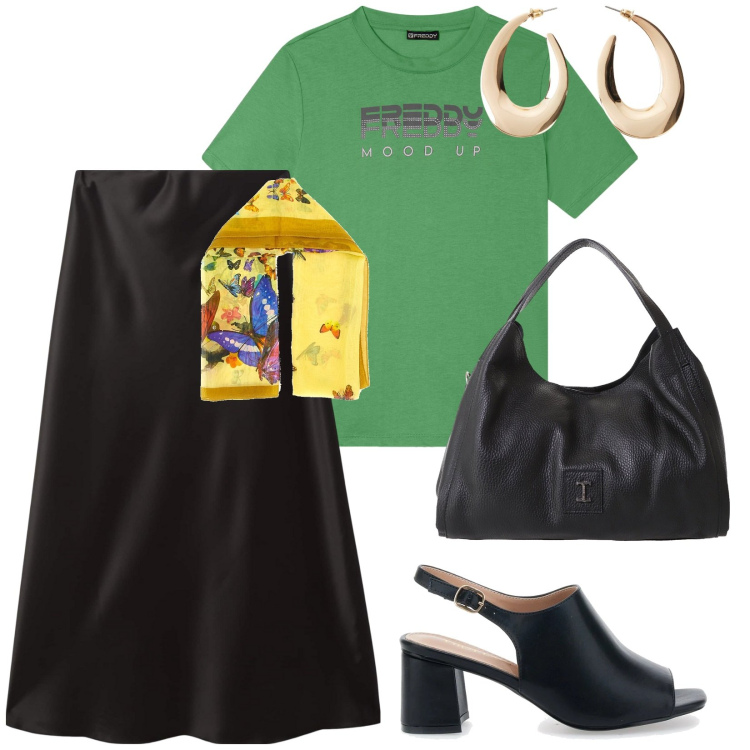 Outfit donna - Un tocco in più. per Tutti i giorni. Abbinamento con orecchini, gonne lunghe, pochette, t-shirt, sandali col tacco, foulard.