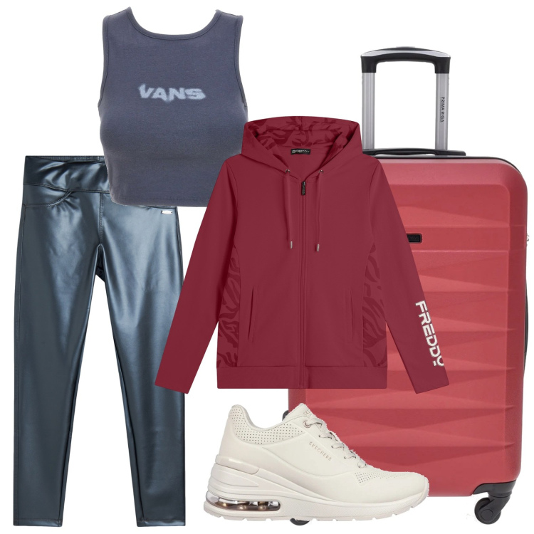 Outfit donna - Viaggiatrice sportiva. Stile Sporty chic per Sport. Abbinamento con felpe con cappuccio, leggings, valigie, top sportivi, sneakers.