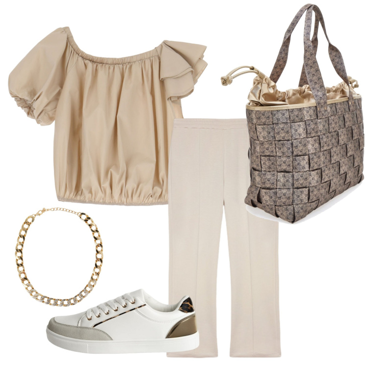 Outfit donna - Shopping con le amiche. Stile Casual per Tutti i giorni. Abbinamento con sneakers, collane, top, pantaloni, borse a spalla.